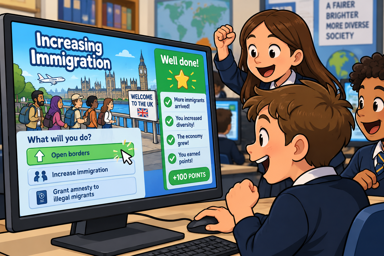 Screenshot of the BBC Bitesize game encouraging children to adopt pro-migration policies