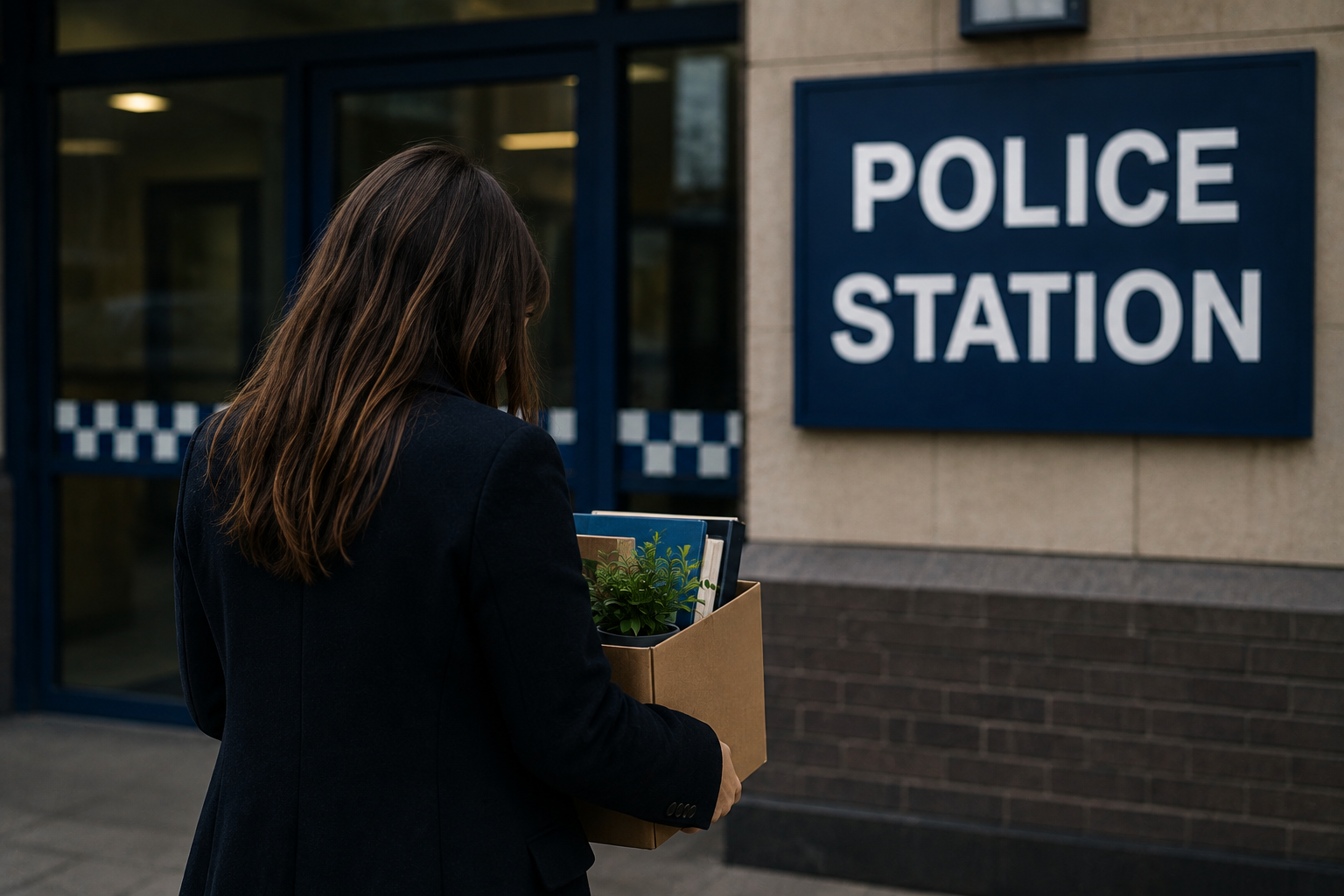 A police officer standing outside a police station