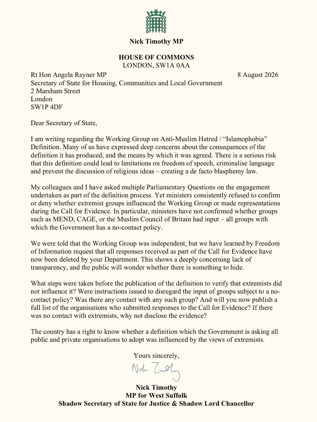 Screenshot of Nick Timothy's letter to Angela Rayner regarding the Islamophobia definition Working Group
