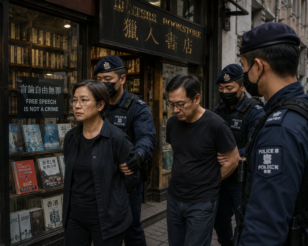 Police lead the two Hunters Bookstore owners away in Hong Kong, past a window sign reading 'Free speech is not a crime'