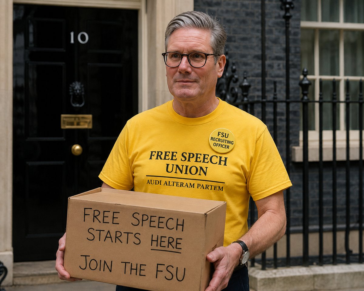 Keir Starmer outside 10 Downing Street wearing a Free Speech Union t-shirt