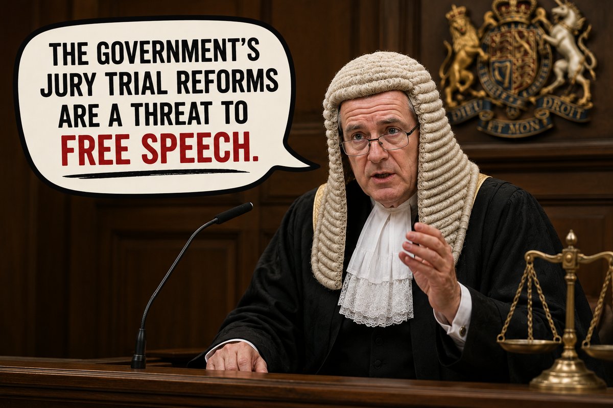 Illustration of a judge with a speech bubble reading 'The Government's jury trial reforms are a threat to free speech'