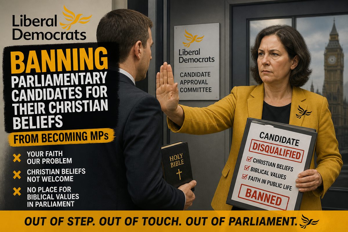 Graphic depicting the Liberal Democrats banning parliamentary candidates for their Christian beliefs