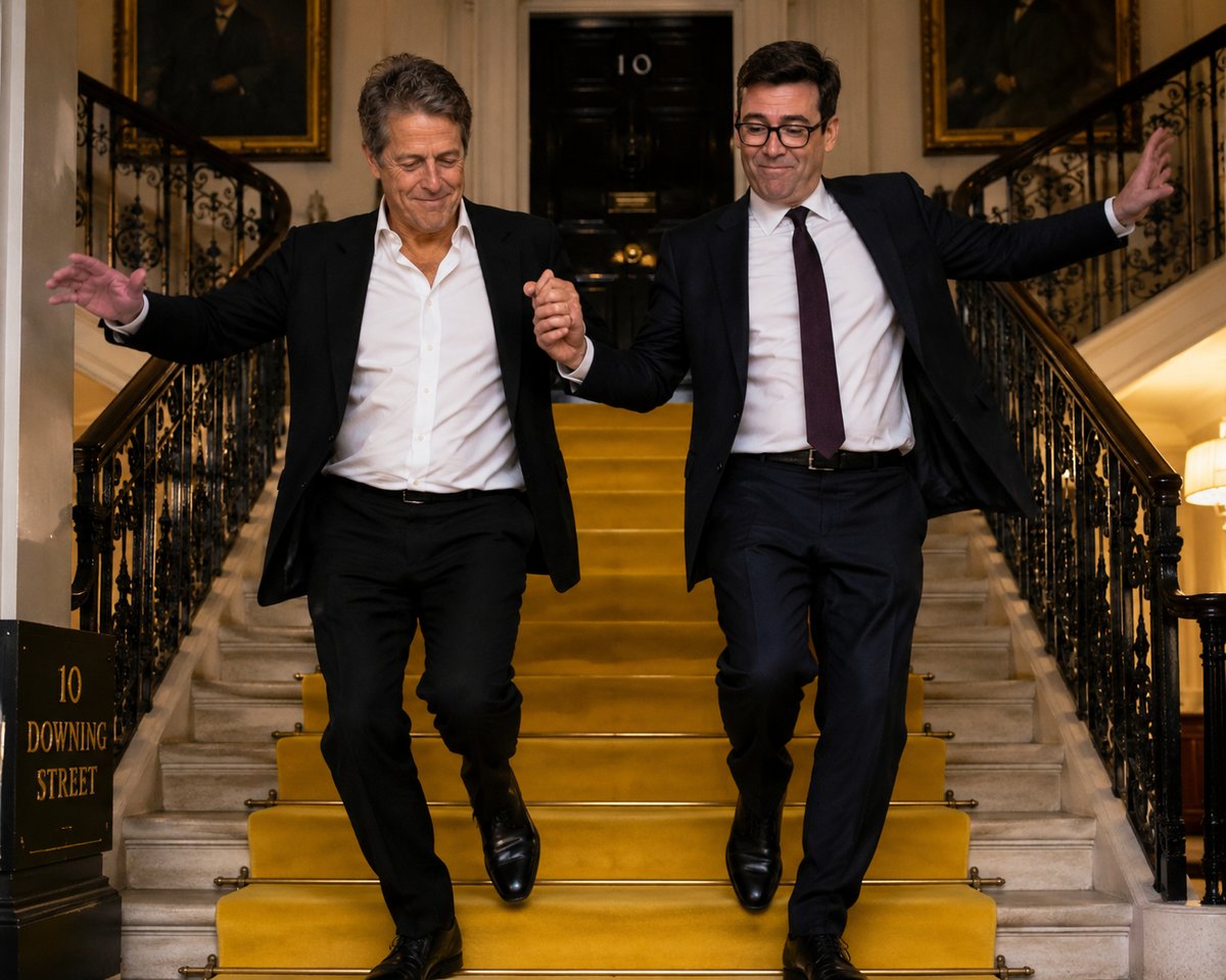 Hugh Grant and Andy Burnham dancing down the staircase at 10 Downing Street, echoing the Love Actually dance scene