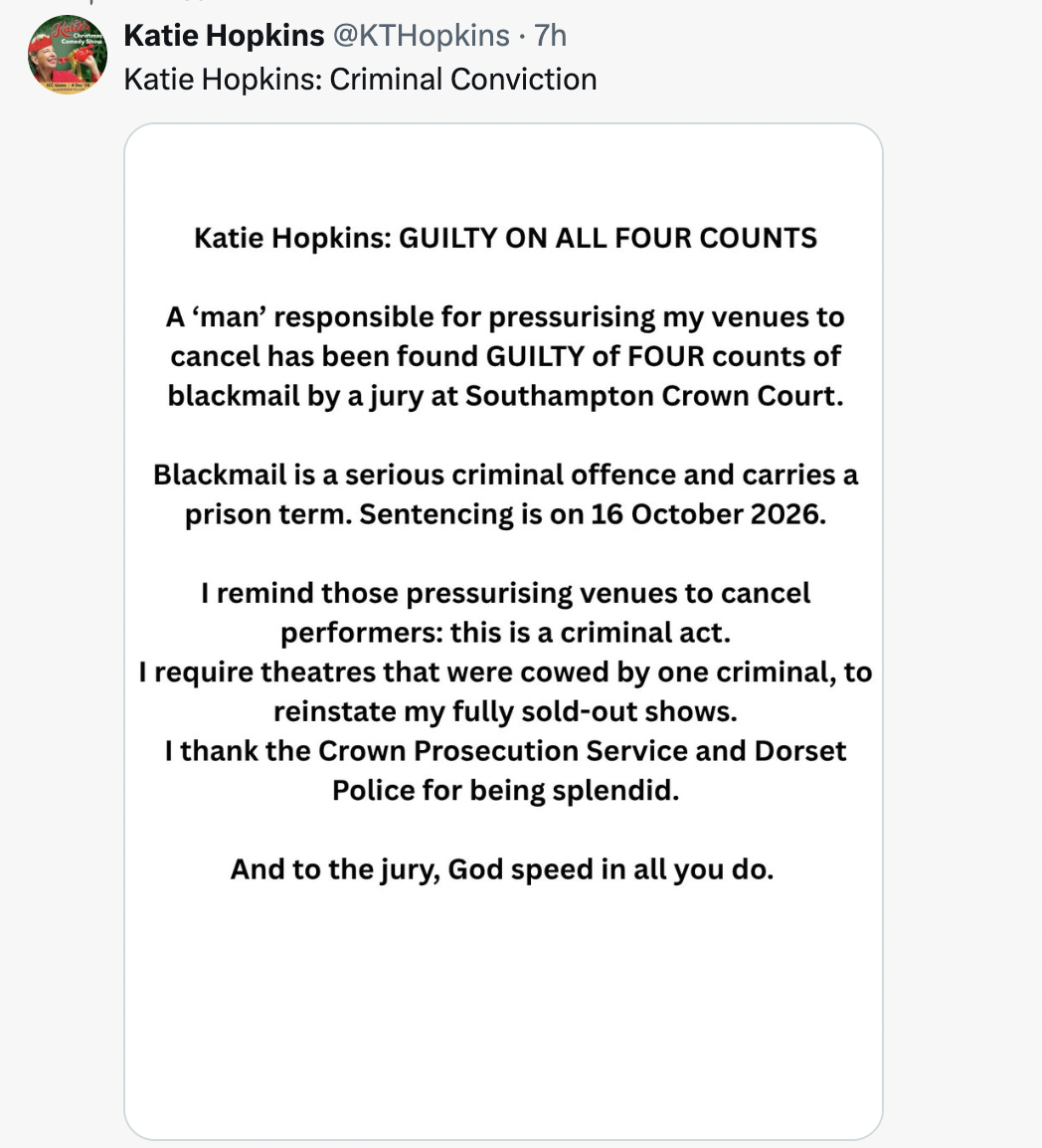Screenshot of Katie Hopkins's post on X commenting on the verdict against Oliver Hutchings.