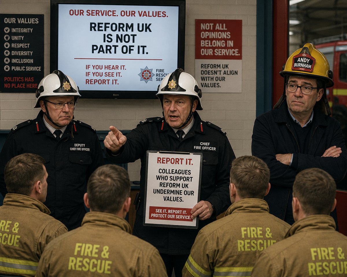 Fire service chiefs addressing firefighters beneath signs reading 'Reform UK is not part of it'
