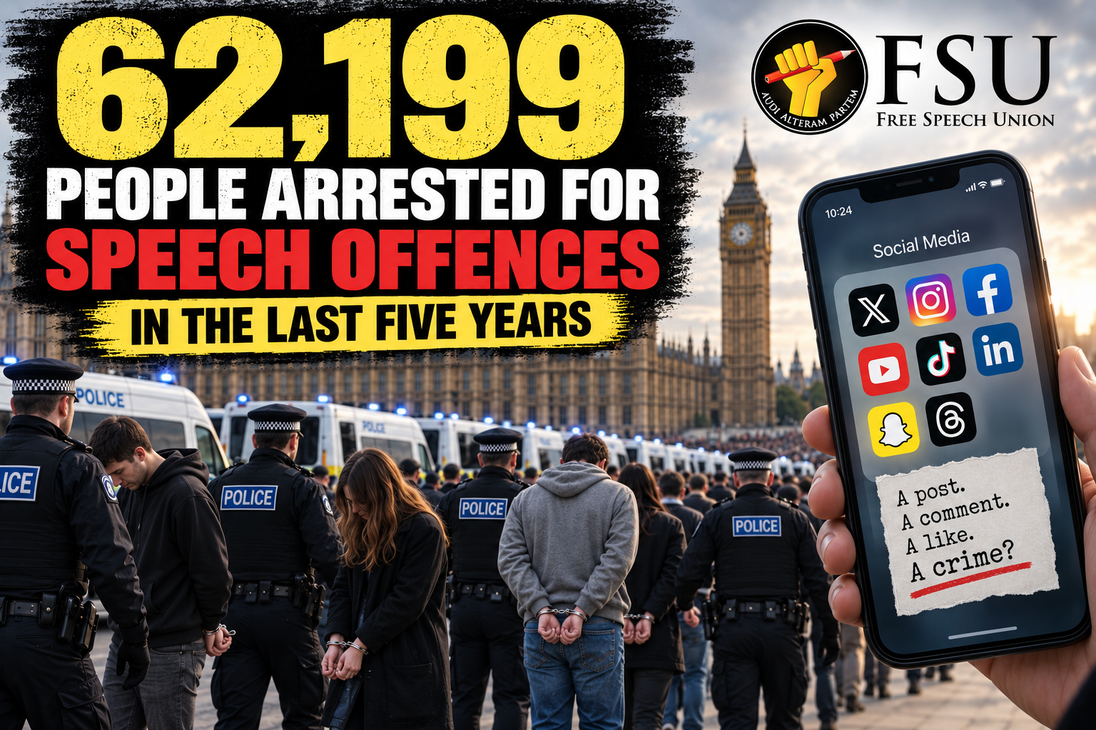 62,199 people arrested in the last five years for speech offences