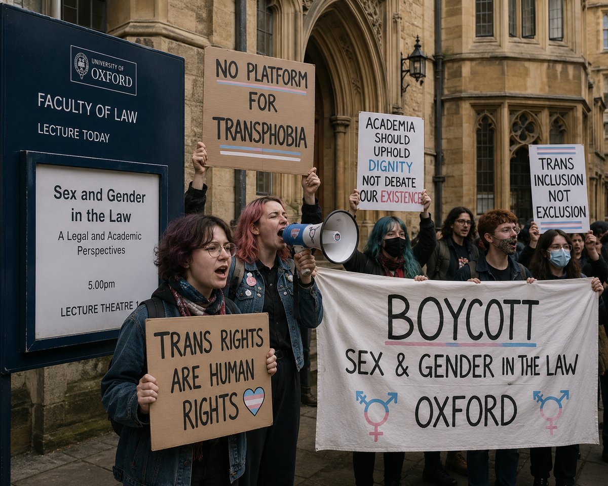 Protesters hold placards and a megaphone outside Oxford University's Faculty of Law, demonstrating against a Sex and Gender in the Law lecture