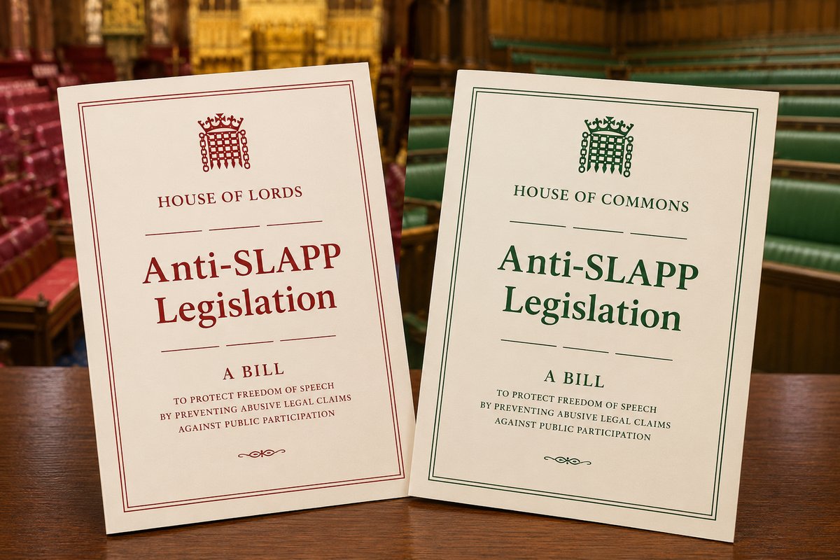 Two mock-up Anti-SLAPP bills, one for the House of Lords and one for the House of Commons, displayed in a parliamentary chamber
