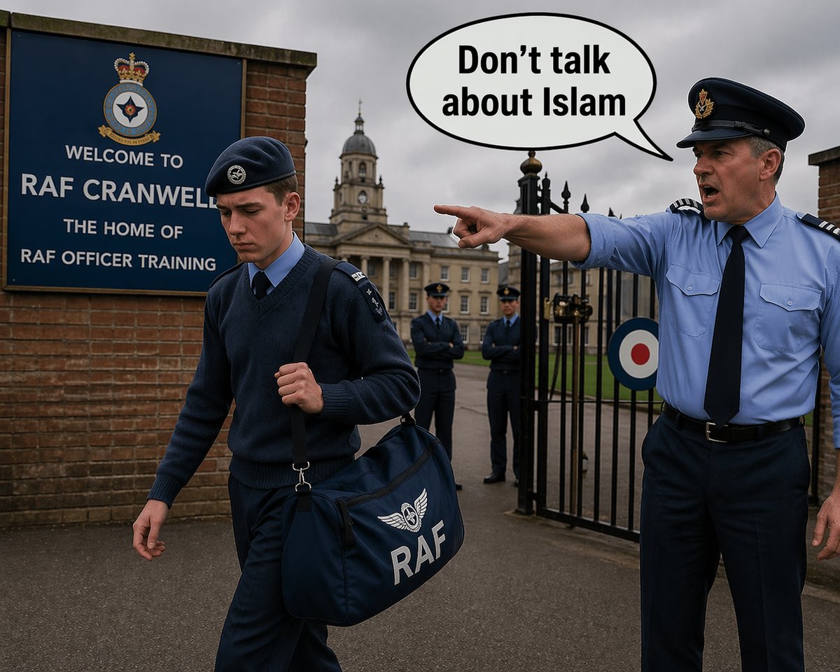 Illustration of an RAF cadet being expelled from RAF Cranwell for speaking about Islam