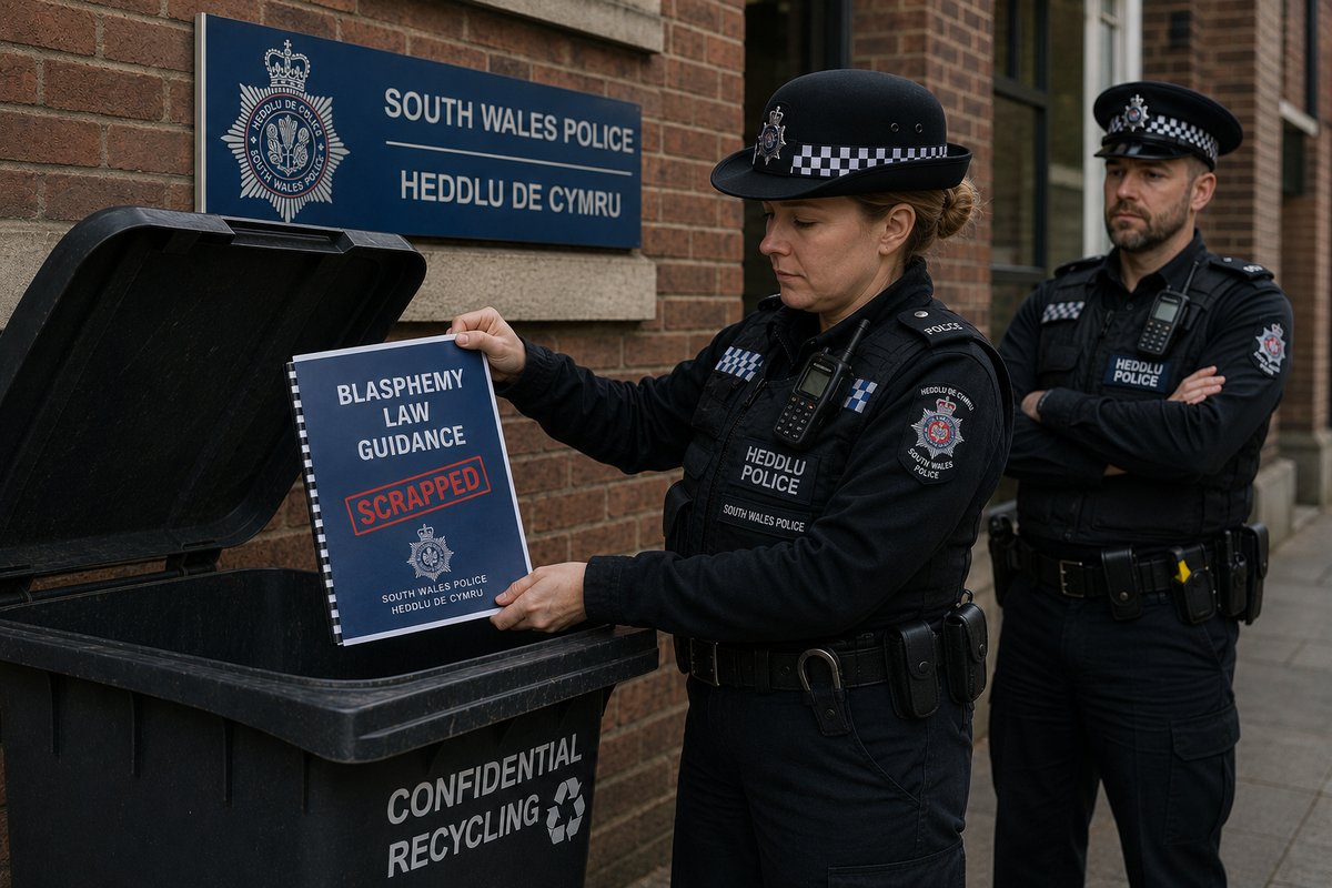 A South Wales Police officer drops a binder labelled Blasphemy Law Guidance – Scrapped into a confidential recycling bin outside a police station