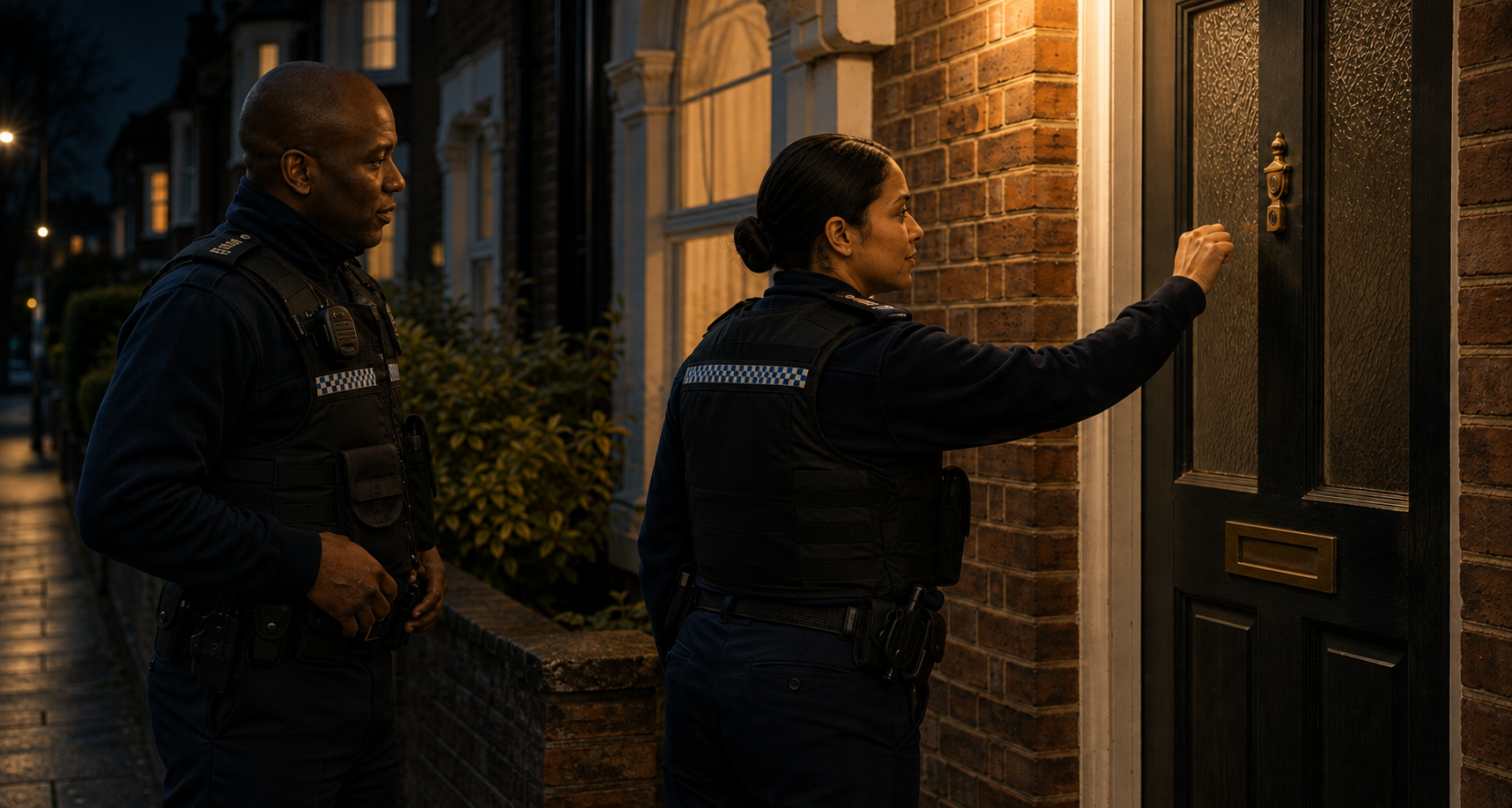 Generic stock image of police officers standing at a front door