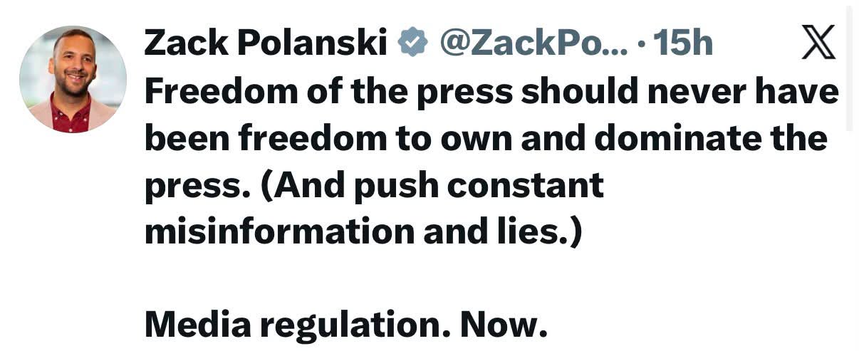 Screenshot of Zack Polanski's post on X calling for the press to be "sorted out"