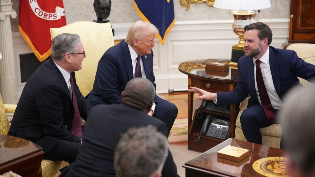 Sir Keir Starmer, Donald Trump and JD Vance in conversation in the Oval Office.
