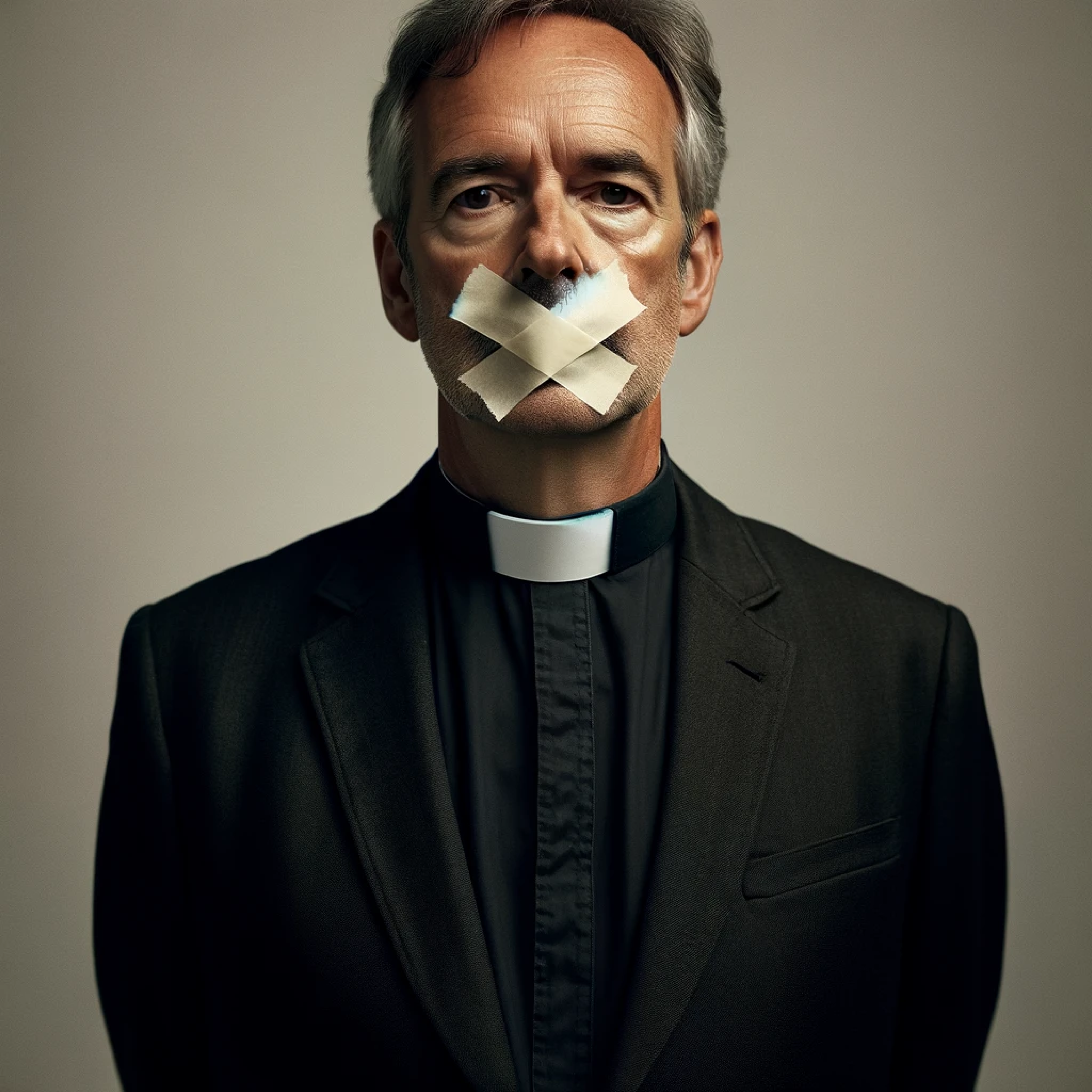 A Church of England vicar in a dog collar with a bit of tape over his mouth